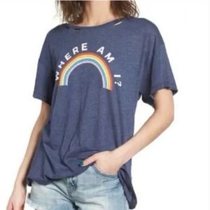 WILDFOX Navy Where Am I Distressed Rainbow Tee